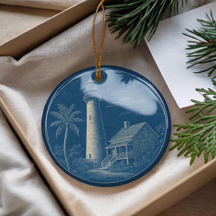 A blue ornament with a lighthouse and a house is displayed in a box, surrounded by pine branches.