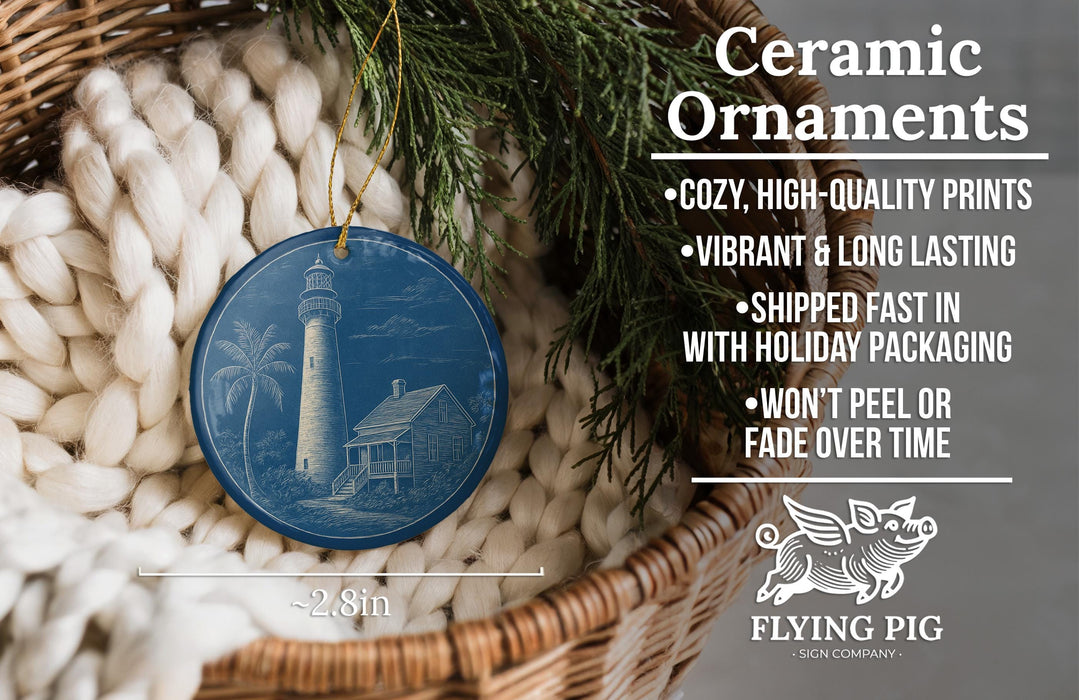Ceramic ornaments, featuring a lighthouse and palm trees, are displayed in a woven basket.