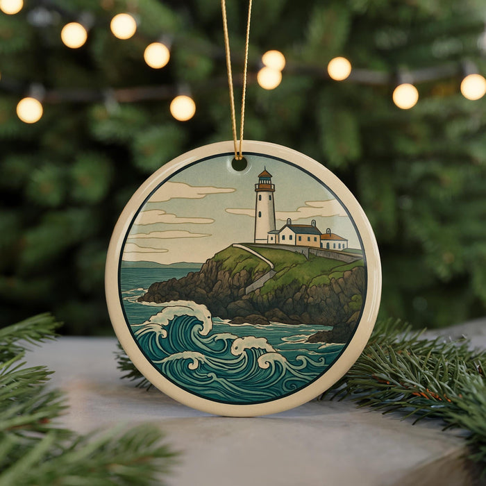 A round ornament featuring a lighthouse on a cliff overlooking the ocean, with waves crashing against the rocks.
