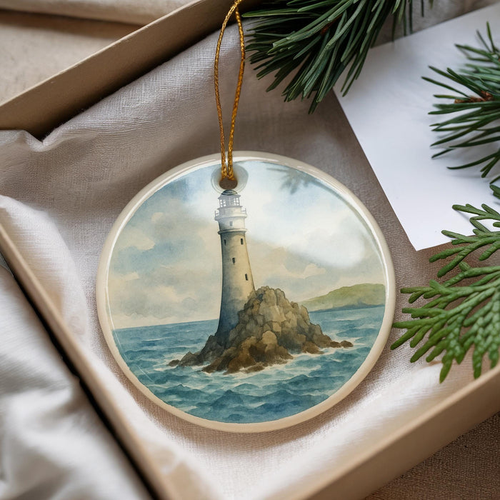 A round ornament featuring a lighthouse on a rocky island, surrounded by the ocean.
