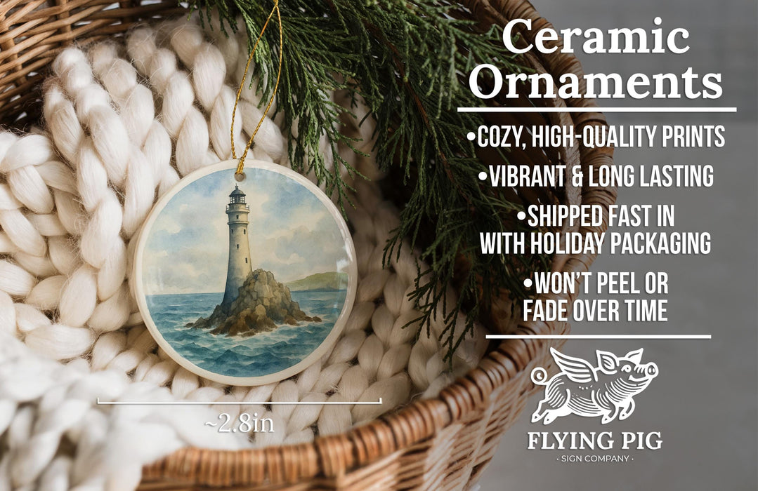 Ceramic ornaments, featuring a lighthouse on a rock, are displayed in a basket with a wicker frame.