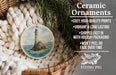 Ceramic ornaments, featuring a lighthouse on a rock, are displayed in a basket with a wicker frame.