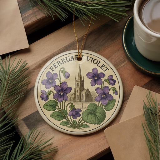 A decorative ornament featuring purple flowers and a church, with the text "FEBRUARY VIOLET" on it, is placed on a wooden surface alongside a cup of coffee and some pine branches.