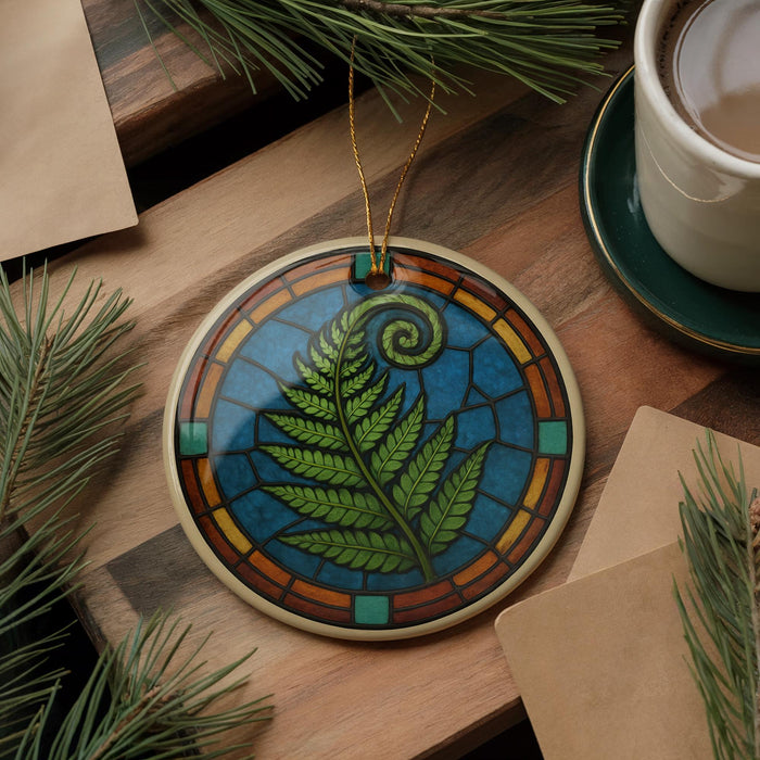 A decorative ornament featuring a fern leaf design is displayed on a wooden surface, accompanied by a cup of coffee and some pine branches.