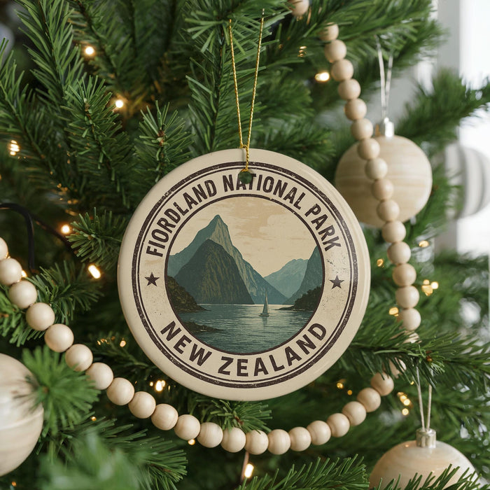A Christmas tree decorated with ornaments, including a circular ornament with a mountain landscape and the text "Fordland National Park New Zealand".