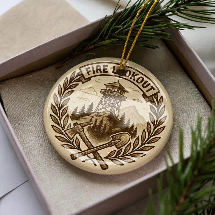 A decorative ornament in a box, featuring a fire lookout tower and crossed axes, surrounded by pine branches.