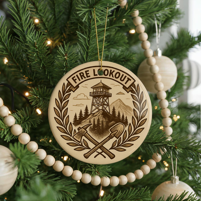 A Christmas tree decorated with a circular ornament featuring a mountain, a lookout tower, and crossed shovels, with the text "FIRE LOOKOUT" on the ornament.