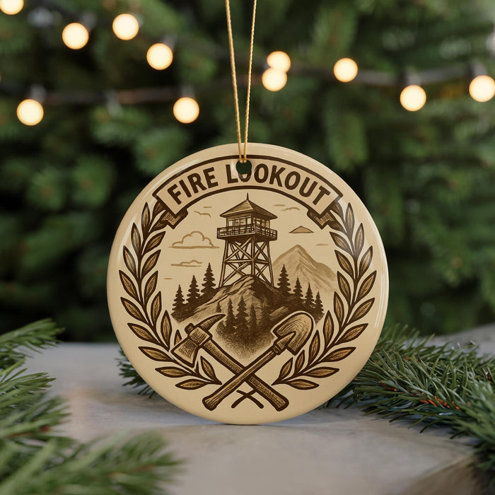 A round ornament with a design featuring a fire lookout tower, crossed shovels, and a wreath, with the text "FIRE LOOKOUT" on it.