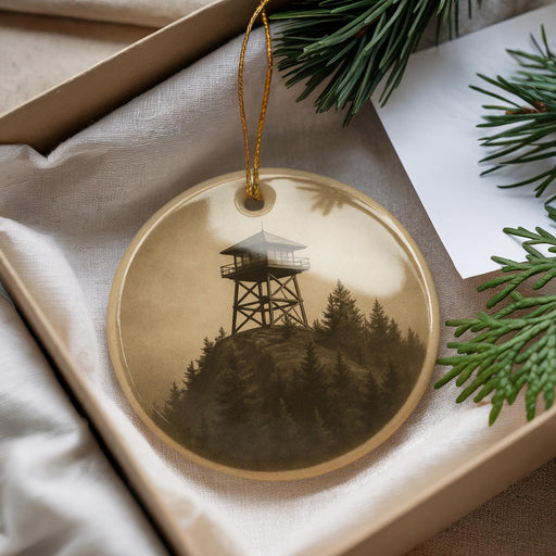 A round ornament with a picture of a tower on a mountain, surrounded by pine trees, is displayed in a box with pine branches.
