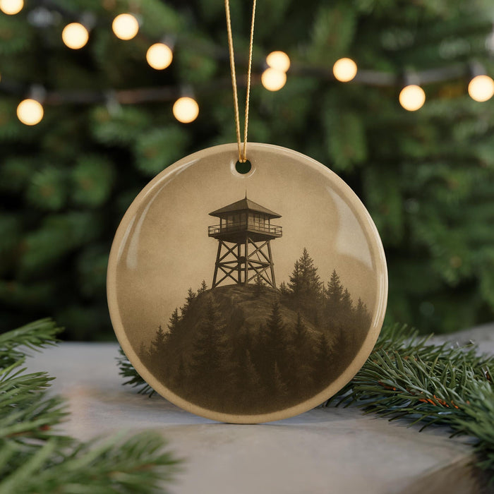 A round ornament featuring a black and white image of a tower on a mountain, surrounded by pine trees, with a string of lights in the background.