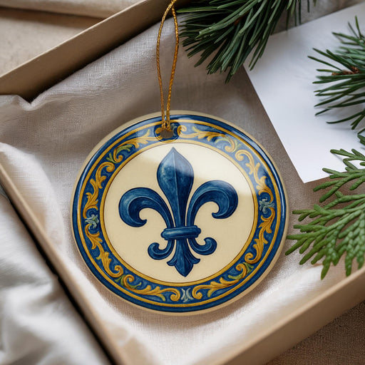 A decorative ornament with a blue fleur-de-lis design is displayed in a box, surrounded by pine branches and a white card.