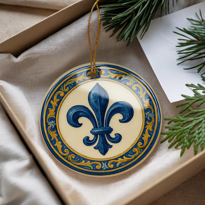 A decorative ornament with a blue fleur-de-lis design is displayed in a box, surrounded by pine branches and a white card.