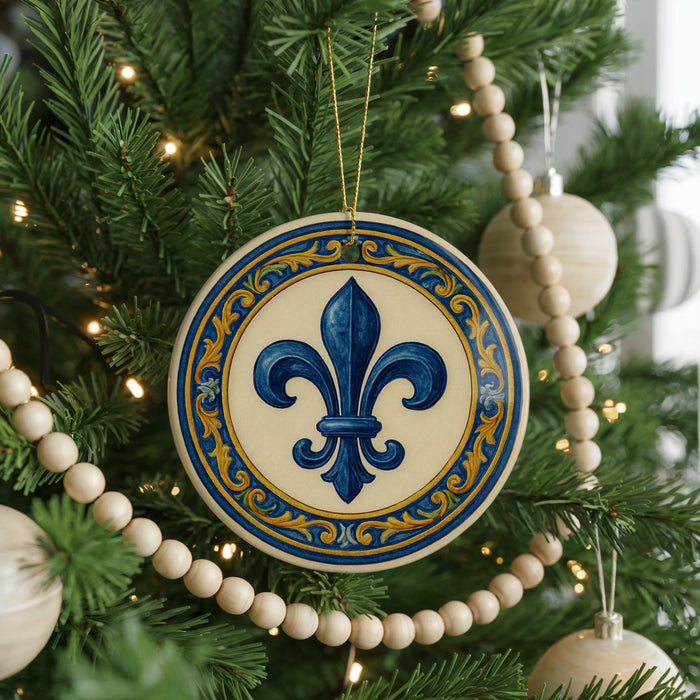 A Christmas tree decorated with ornaments, including a large circular ornament with a blue fleur-de-lis design and wooden beads.