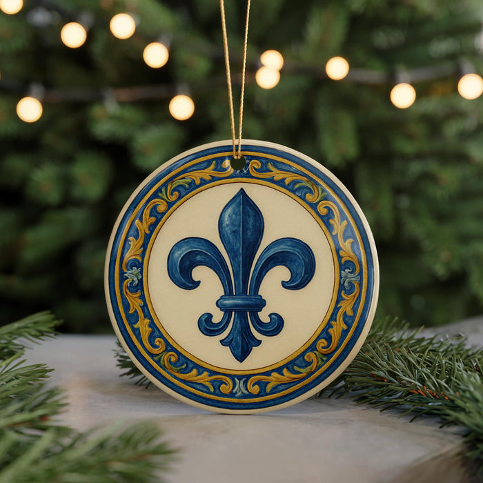 A decorative ornament featuring a blue fleur-de-lis symbol is displayed on a table, surrounded by pine branches and twinkling lights.