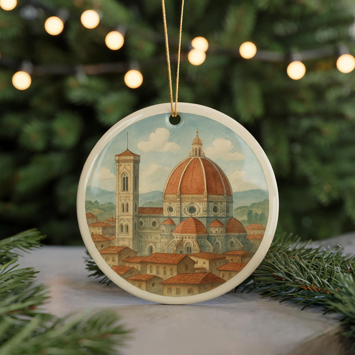 A decorative ornament featuring a painting of the Florence Cathedral, also known as the Cathedral of Saint Mary of the Flower, surrounded by a cityscape.