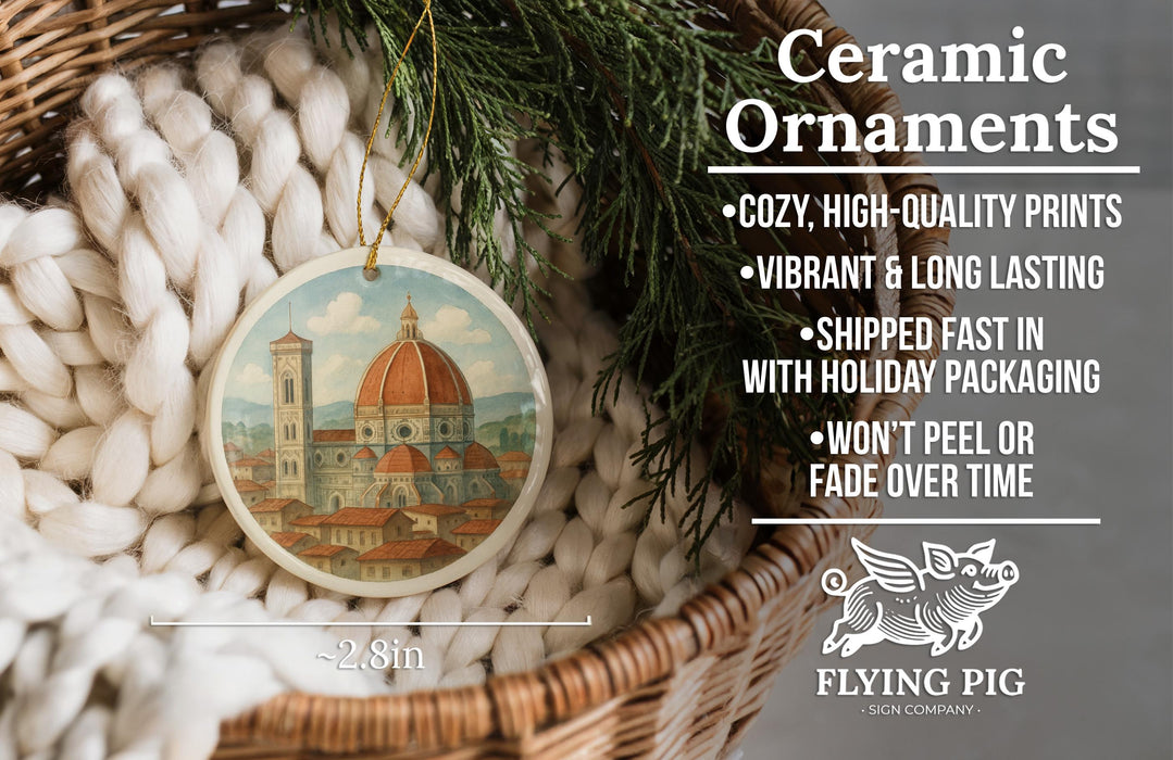 Ceramic ornaments, featuring a detailed image of the Florence Cathedral, are displayed in a woven basket.