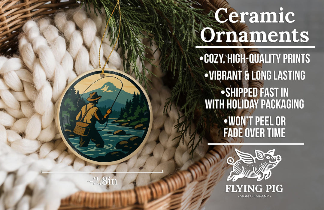 Ceramic ornaments, featuring a fishing scene with a man holding a fishing rod and a mountain in the background. The ornaments are described as cozy, high-quality prints, vibrant, and long-lasting, and are shipped fast in holiday packaging. They are not to be peeled or faded over time.