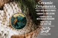 Ceramic ornaments, featuring a fishing scene with a man holding a fishing rod and a mountain in the background. The ornaments are described as cozy, high-quality prints, vibrant, and long-lasting, and are shipped fast in holiday packaging. They are not to be peeled or faded over time.