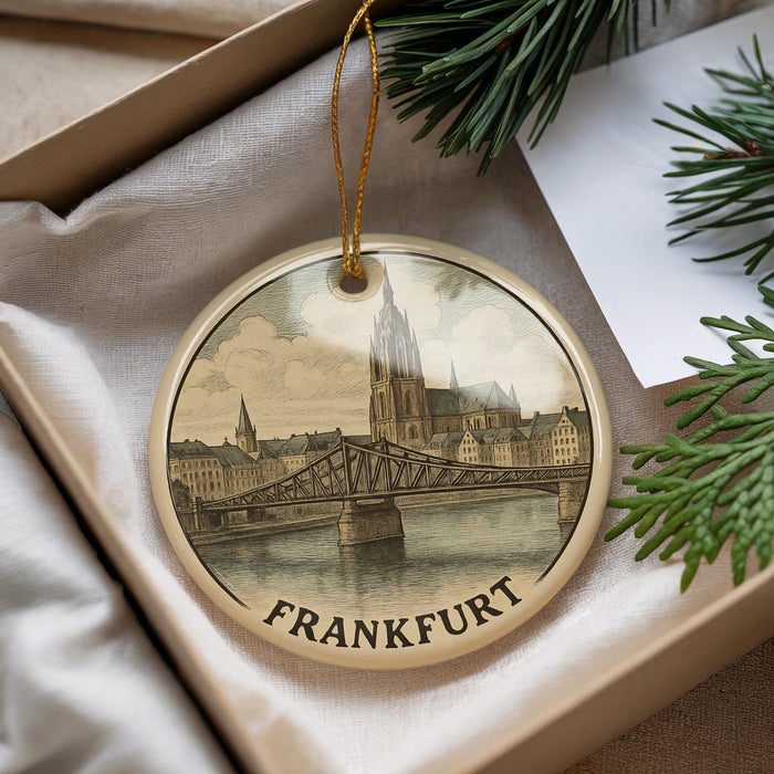 A round ornament with a picture of the Frankfurter Bridge in Frankfurt, Germany, hanging from a string.
