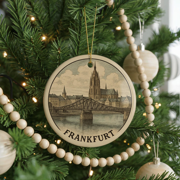 A circular ornament on a Christmas tree, featuring an illustration of the Brandenburg Bridge in Frankfurt, Germany.