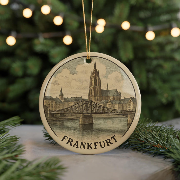 A round ornament featuring a drawing of the city of Frankfurt, Germany, with a bridge and a cathedral in the background.