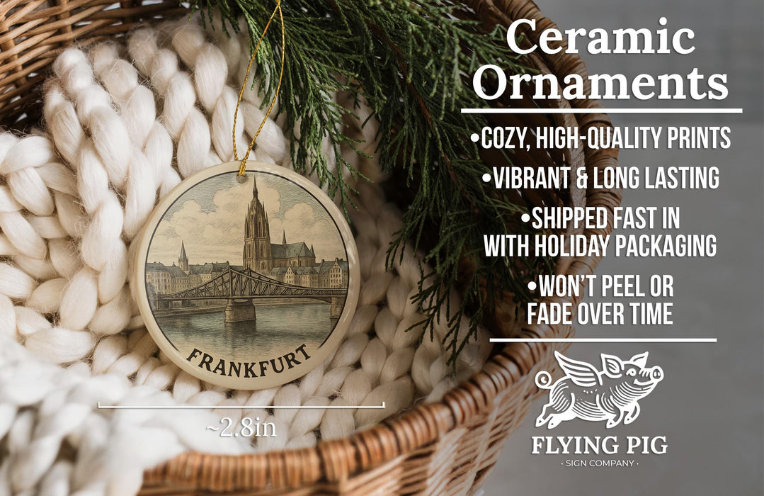 a ceramic ornament hanging from a wicker basket, with a description of the ornament and its features.