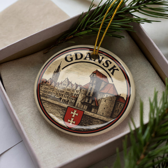 A circular ornament with a picture of a castle and the word "Gdansk" on it, placed in a box with pine branches.
