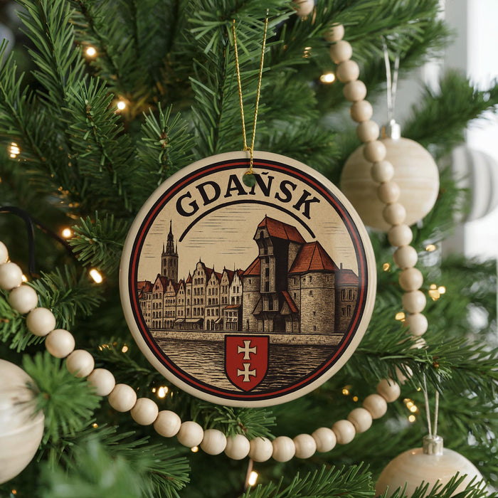 A circular ornament on a Christmas tree, featuring a drawing of a cityscape and the word "Gdansk" written on it.