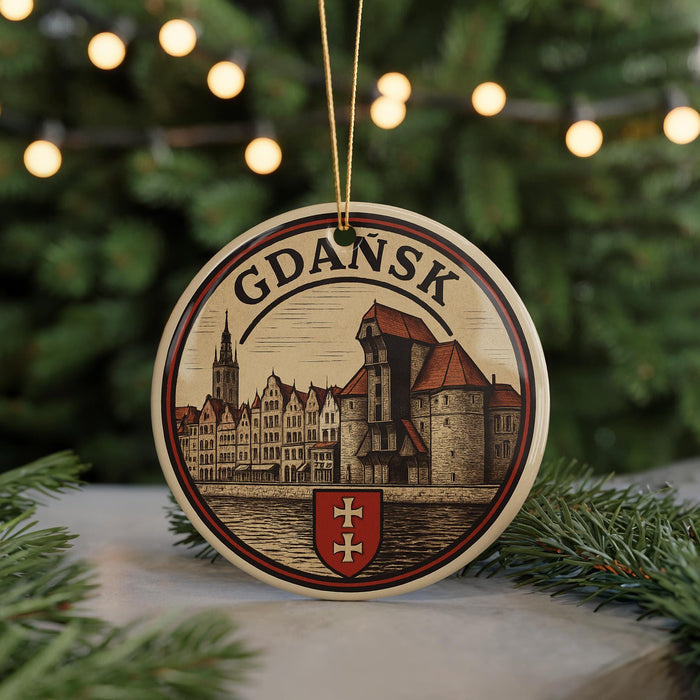 A circular ornament with a drawing of a cityscape and the word "Gdansk" on it, hanging from a string.