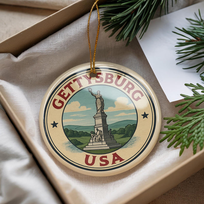 A decorative ornament with the text "GETTYSBURG USA" and an illustration of a statue, placed in a box with pine branches.