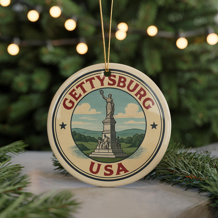 A round ornament with the text "GETTYSBURG USA" and an illustration of a statue, surrounded by greenery and a string of lights.