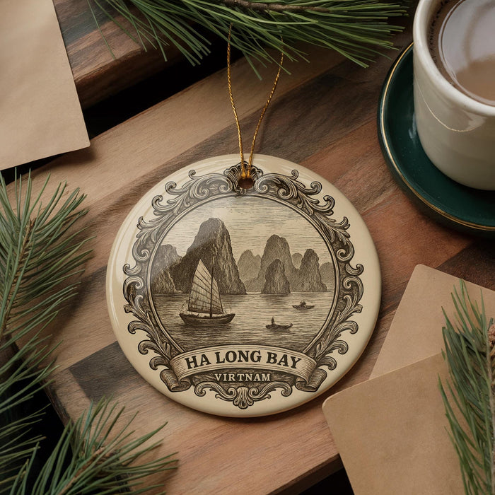 a decorative ornament with a sailing boat and mountains in the background, placed on a wooden surface.