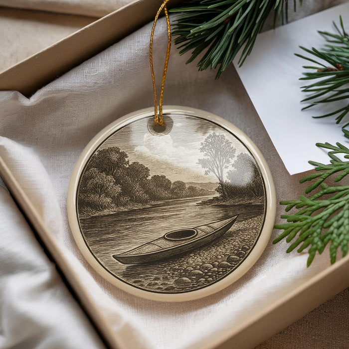 A decorative ornament featuring a canoe on a river, surrounded by trees and a cloudy sky, is displayed in a box with pine branches.