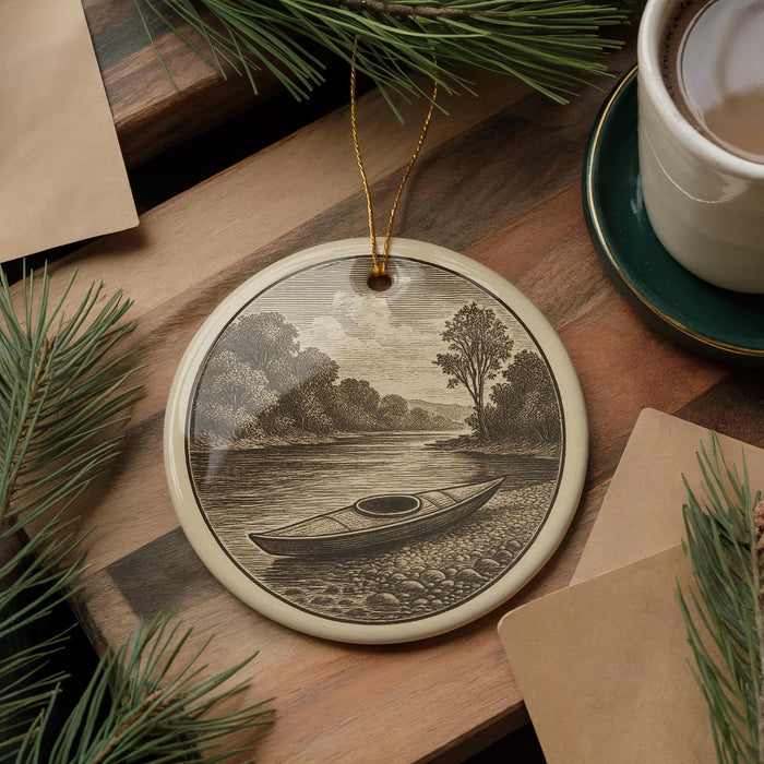 a round ceramic ornament with a black and white illustration of a canoe on a river, surrounded by pine branches and a cup of coffee on a wooden surface.
