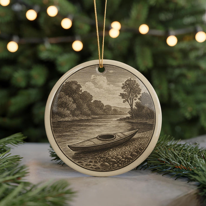 A round ornament featuring a kayak on a river, surrounded by trees and a landscape, with a string of lights in the background.