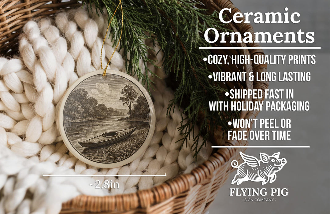 Ceramic ornaments, a wicker basket, and a pine tree are featured in the image.