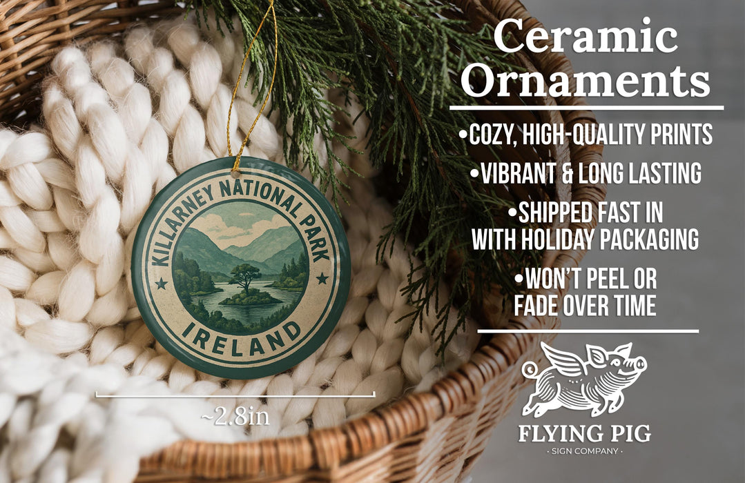 Ceramic ornaments, including a Ireland-themed ornament, are displayed in a woven basket.