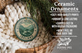 Ceramic ornaments, including a Ireland-themed ornament, are displayed in a woven basket.