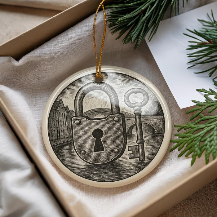 A decorative ornament in a box, featuring a lock and key design.