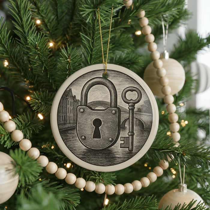 A Christmas tree decorated with ornaments, including a circular ornament with a lock and key design, surrounded by lights and greenery.