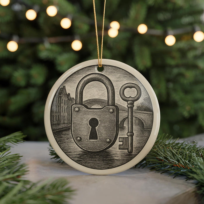 A round ceramic ornament with a lock and key design, featuring a keyhole and a padlock, is displayed against a blurred background of Christmas lights.