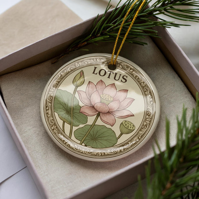 A decorative ornament in a box, featuring a pink lotus flower and green leaves.