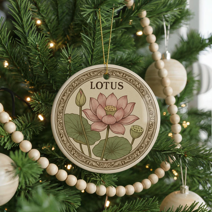 A round ornament with a pink lotus flower and green leaves is hanging on a Christmas tree, surrounded by ornaments and lights.