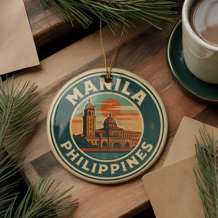 A circular ornament with the text "MANILA PHILIPPINES" and an illustration of a building, likely representing Manila, is displayed on a wooden surface alongside a cup of coffee and some pine branches.