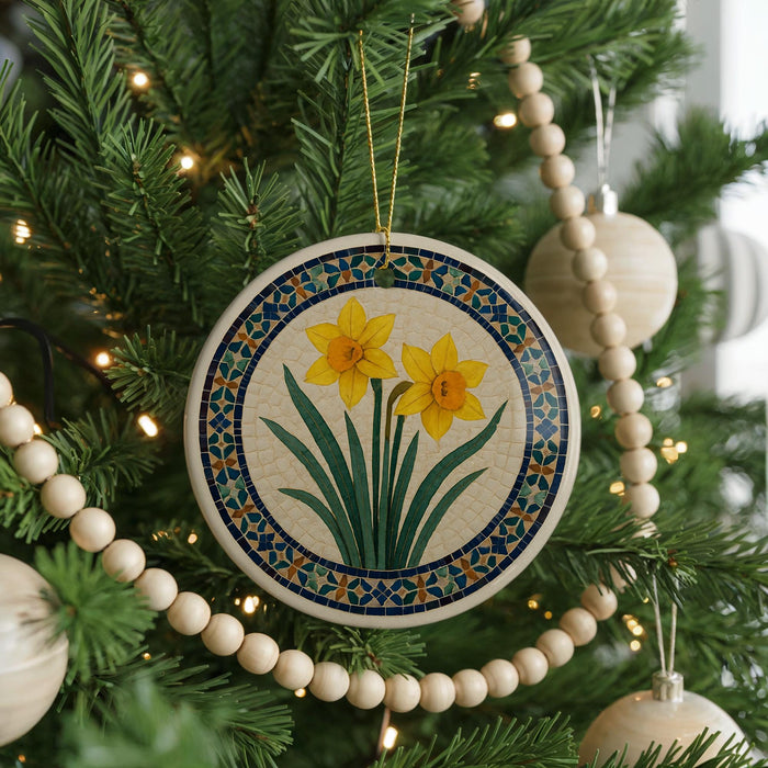 A Christmas tree decorated with a ceramic ornament featuring a design of yellow daffodils, surrounded by a beaded garland and other ornaments.