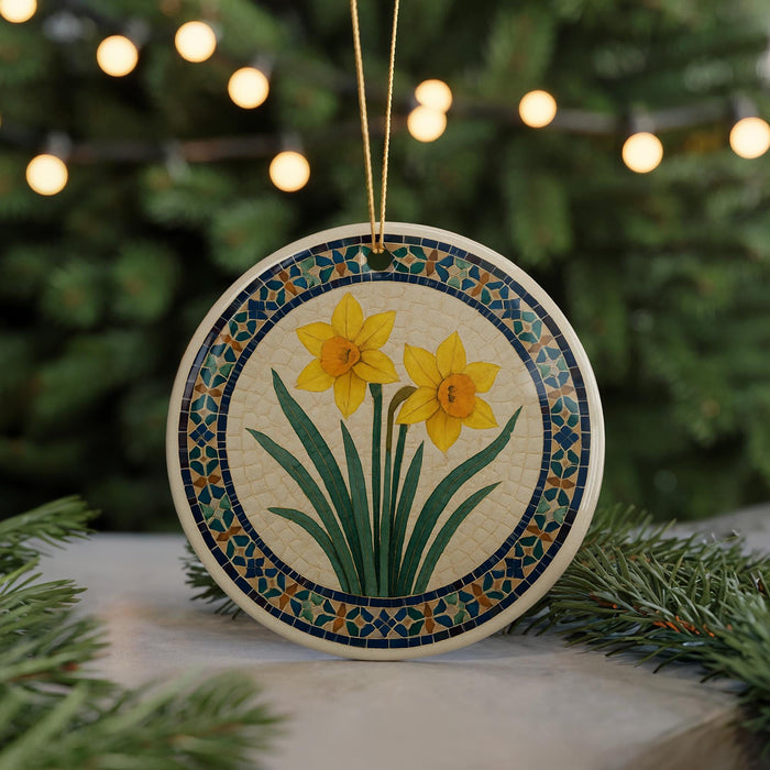 A decorative ceramic ornament featuring a floral design with yellow daffodils and green leaves, hanging from a string against a blurred background of greenery and twinkling lights.