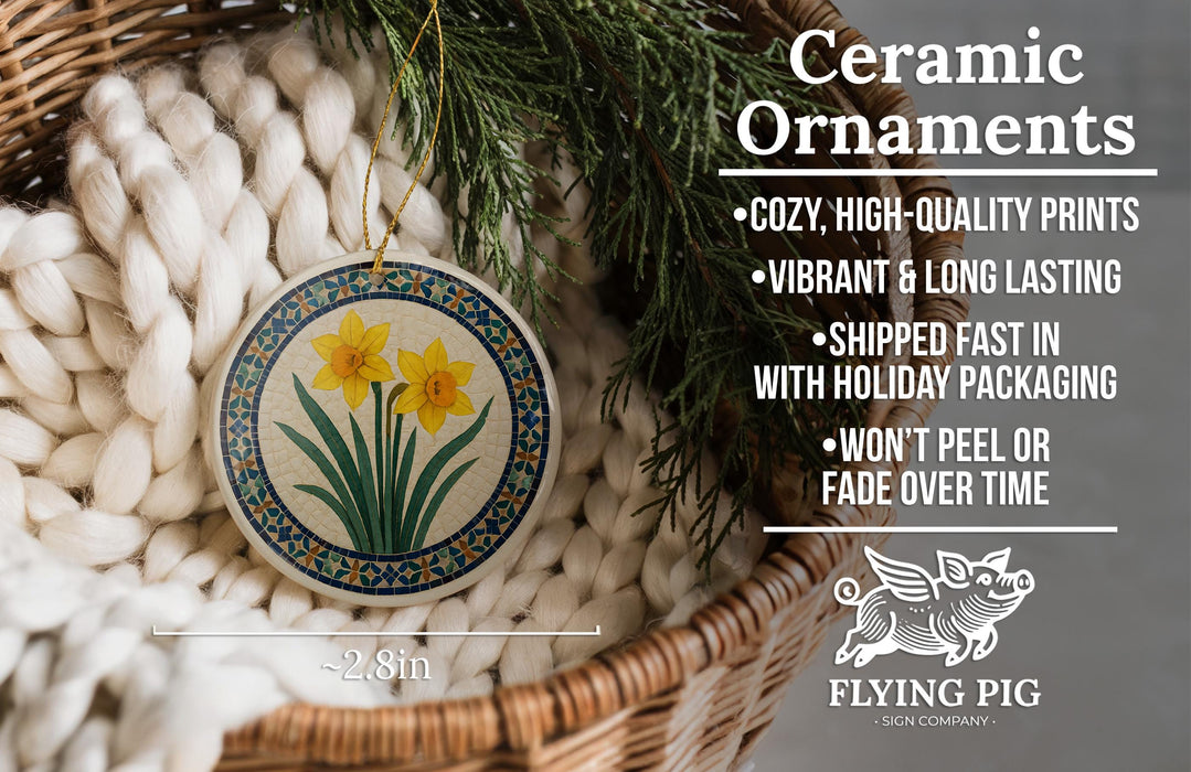 Ceramic ornaments, featuring a ceramic ornament with a floral design and a wicker basket with greenery.