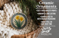 Ceramic ornaments, featuring a ceramic ornament with a floral design and a wicker basket with greenery.