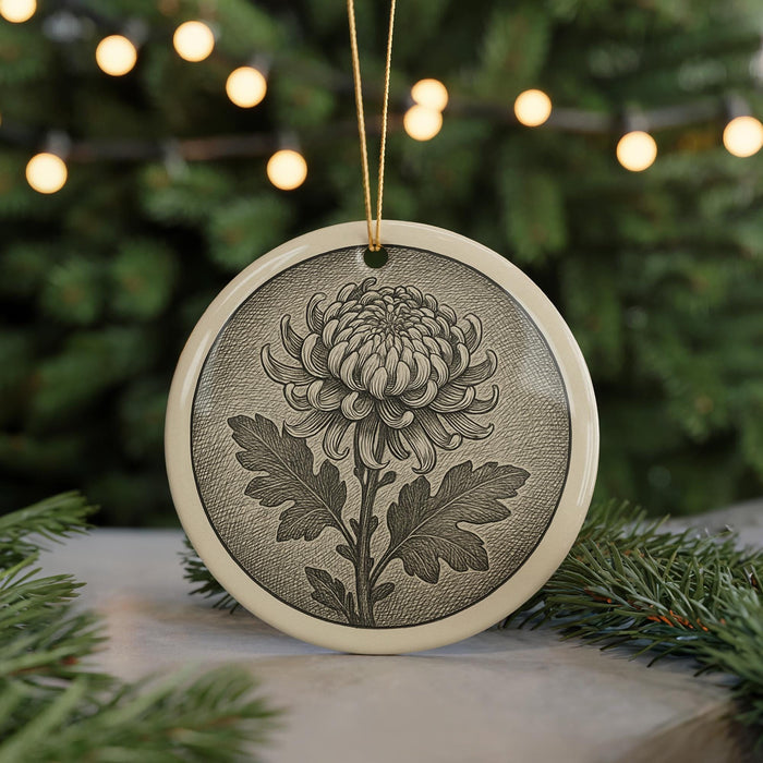 A decorative ornament featuring a chrysanthemum flower is displayed on a table, with a blurred background of a Christmas tree and twinkling lights.