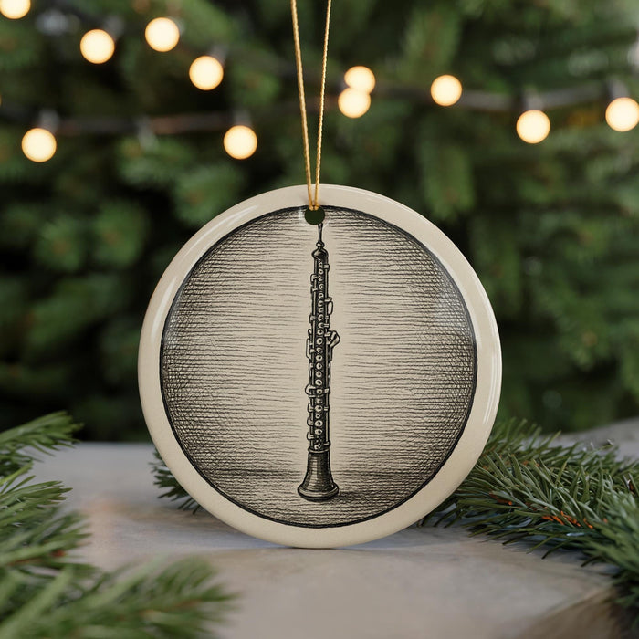 A circular ornament featuring a black and white illustration of a clarinet is displayed in front of a blurred background of Christmas lights.